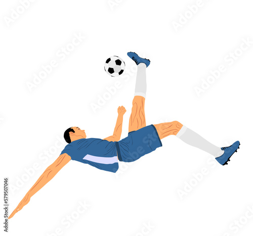 Soccer player kick the ball in scissor moves vector silhouette illustration isolated on white background. Football game attraction, effective move. Spectacle for public. Sport man in attractive pose. photo