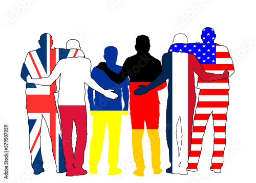 Hug friends Ukraine supporters in war conflict situation against Russia invasion vector illustration isolated. Strong connection in difficult time. Coalition United States, France, Germany, Poland, UK