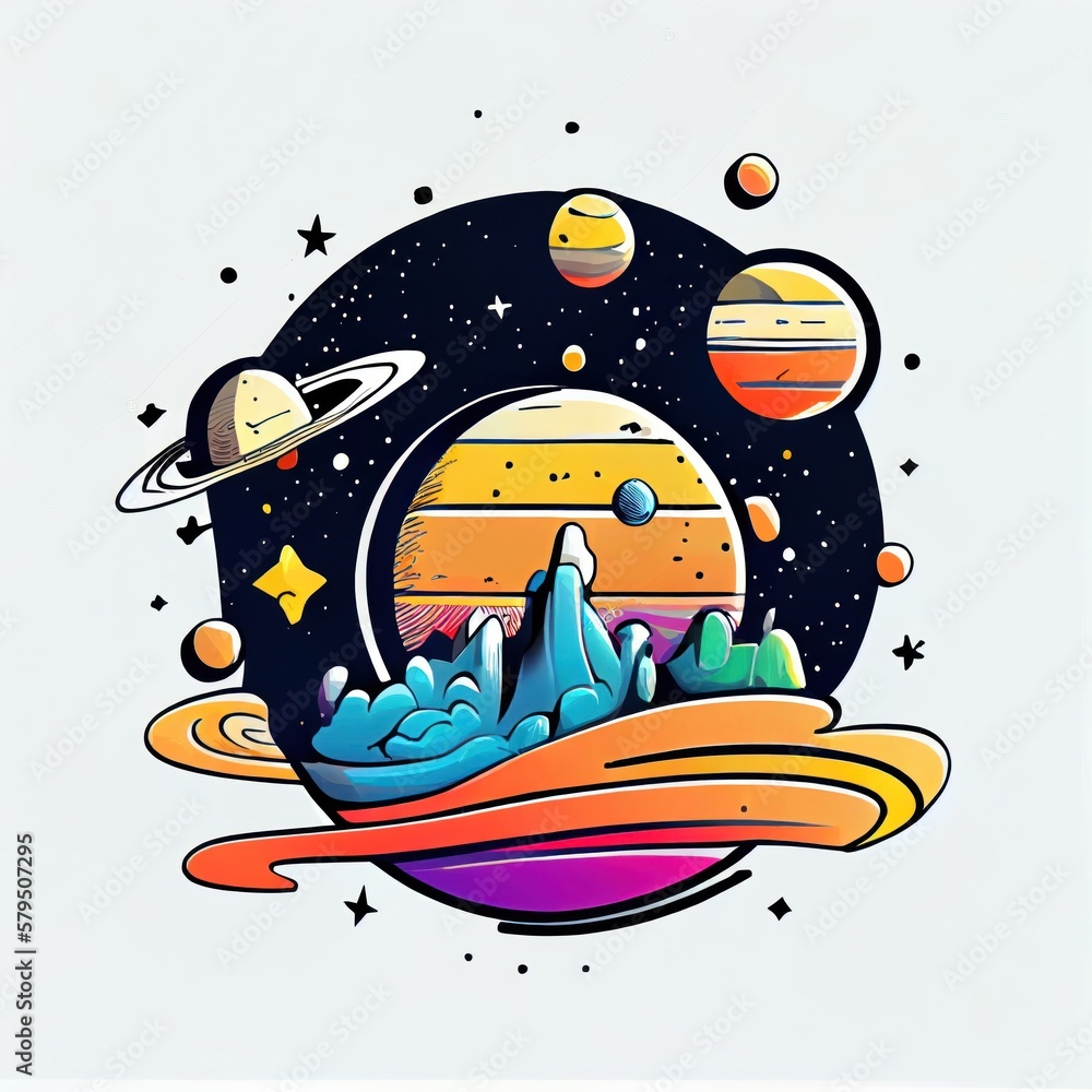 Fototapeta premium Futuristic space poster with planets. Fantasy space poster. abstract art illustration. isolated white background. generative ai