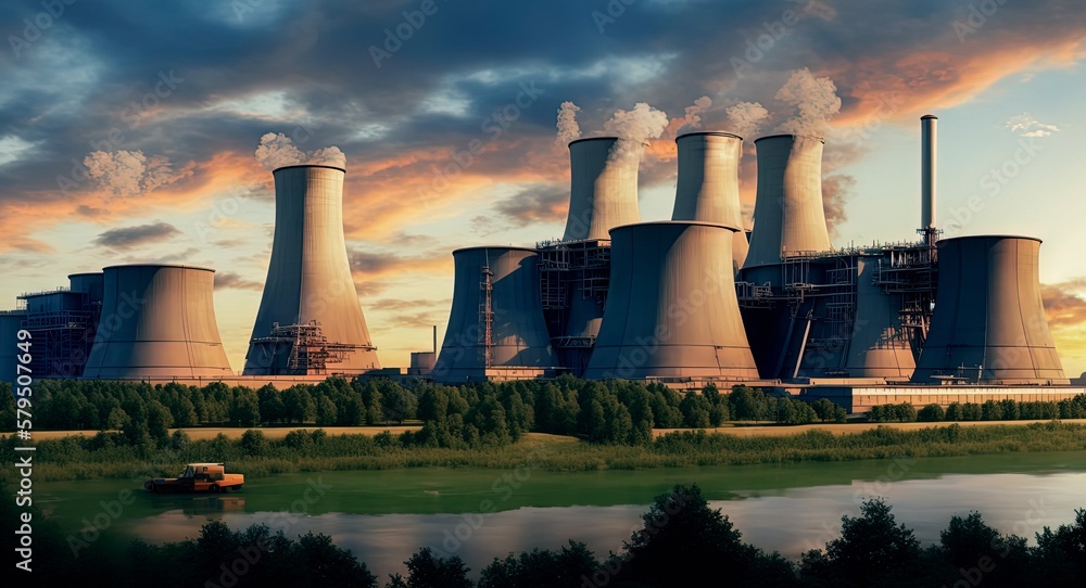 A huge modern nuclear power plant building  producing energy using uranium and plutonium atoms. Construction of a new energy facility. Illustration, concept art. Ai generative - obrazy, fototapety, plakaty 