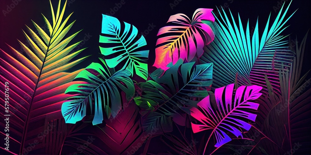 Colorful neon background with palm leaf and leaves. Branches fluorescent color. Neon background abstract colorful palm branches. generative ai Colorful neon background with palm leaf and leaves. Branches fluorescent color. Neon background abstract colorful palm branches. generative ai