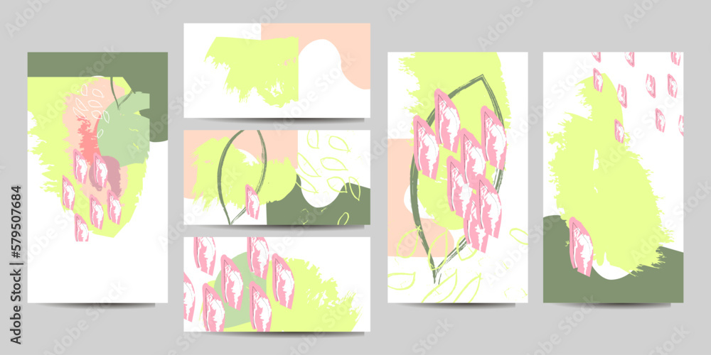 Collection of postcards in gentle pastel colors creative floral artistic cards. hand drawn textures. vector