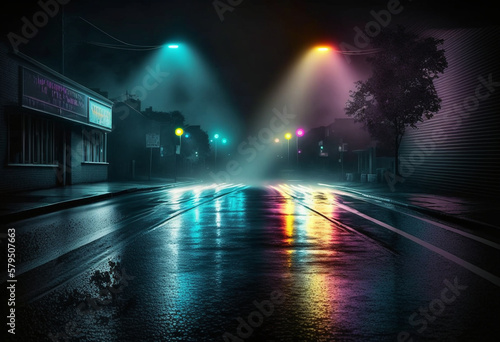 A Glistening Urban Scene: AI-Generated Neon Lights Illuminate a Busy City Street at Night © MrnSailor
