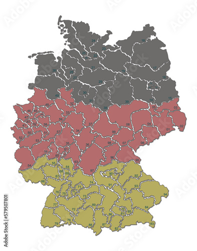Deutschlandkarte 2er Postleitzahlen Vektor Grafisch Farblich Markierbar für Darstellung von (Vertriebs) Regionen