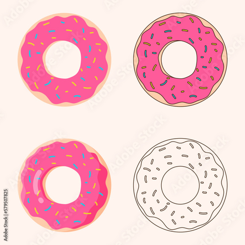 Delicious donut icon with pink glaze and colored sprinkles. Dessert vector illustration design
