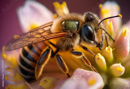 The Buzz of Spring: AI-Generated Macroscopic Macro-Photography of a Real Bee Pollinating a Flower © MrnSailor