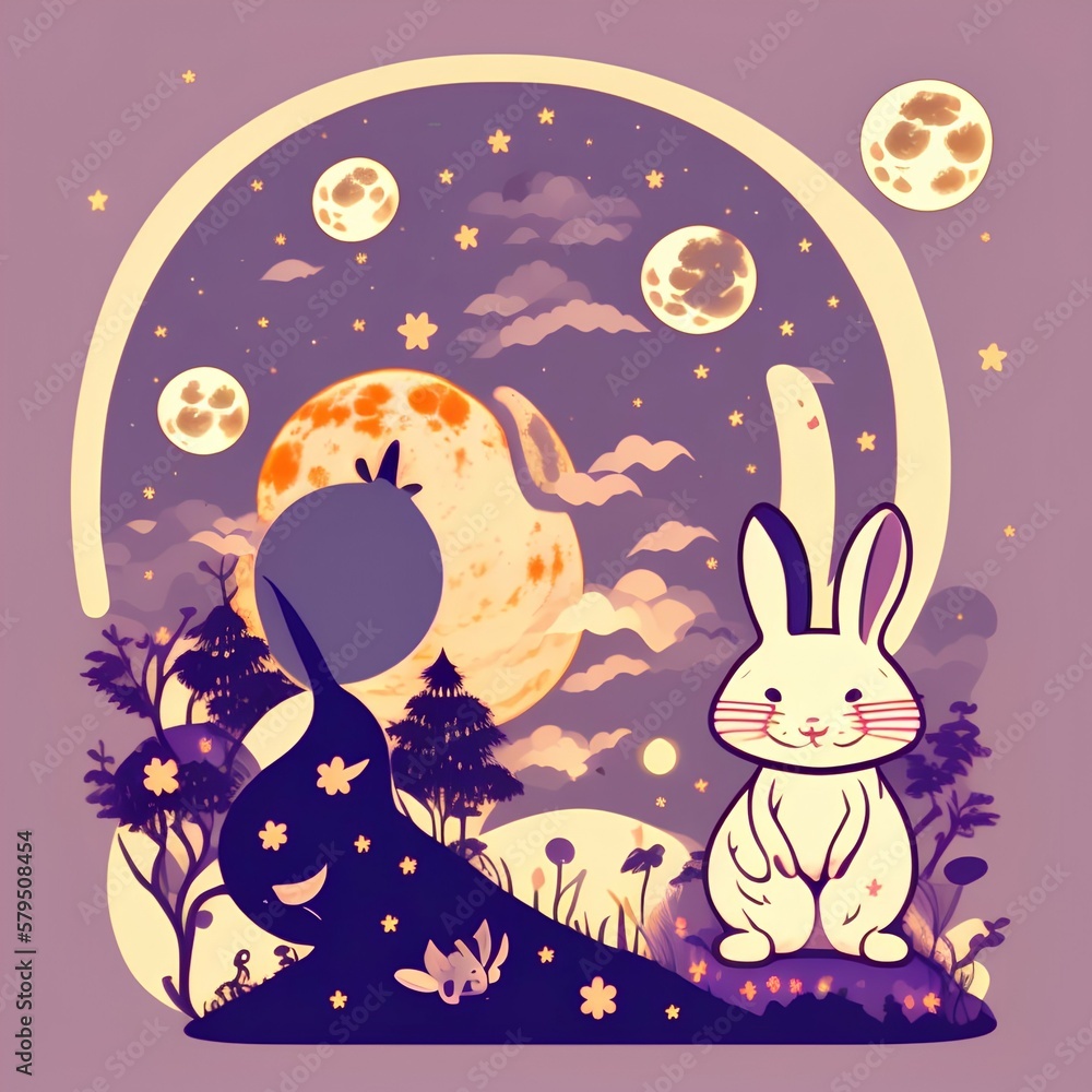 Cute full moon and rabbit. Japanese moon viewing festival. Vector illustration - generative ai Cute full moon and rabbit. Japanese moon viewing festival. Vector illustration - generative ai