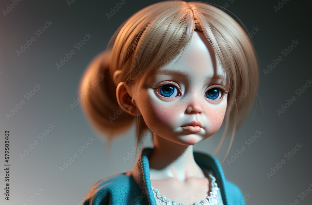 Beautiful doll. Close up. Portrait of attractive toy with big blue eyes. Generative AI. Beautiful doll. Close up. Portrait of attractive toy with big blue eyes. Generative AI.