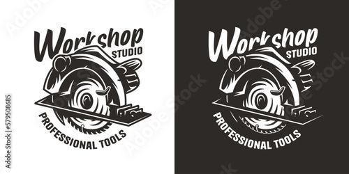 Wood saw for slice of tree or timber for design of workshop or sawmill. Power saw or circular saw for sawing of woodmaster or carpenter.