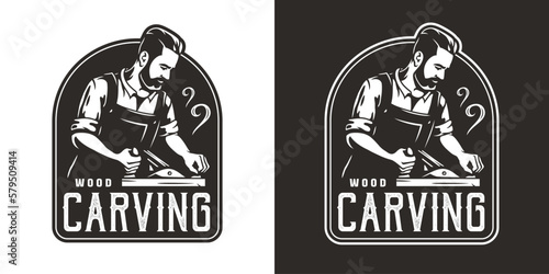 Bearded carpenter for logo of carpentry or wood carving. Woodworker with jointer in his hands for design of workshop or woodworking