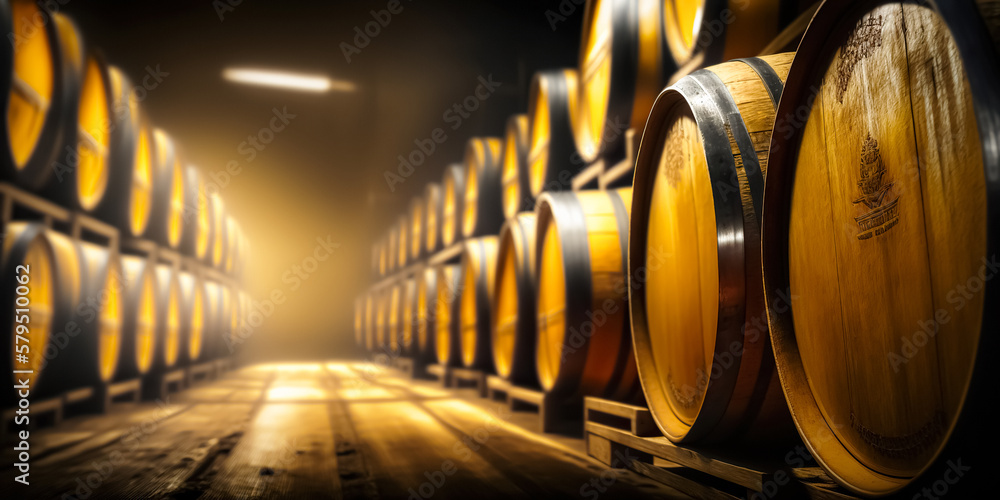 Wooden oak Port barrels in neat rows. Winemaking concept. Port, fortified wine, and whisky are stored for years in these barrels to enhance the flavor of the alcoholic beverage. digital ai art