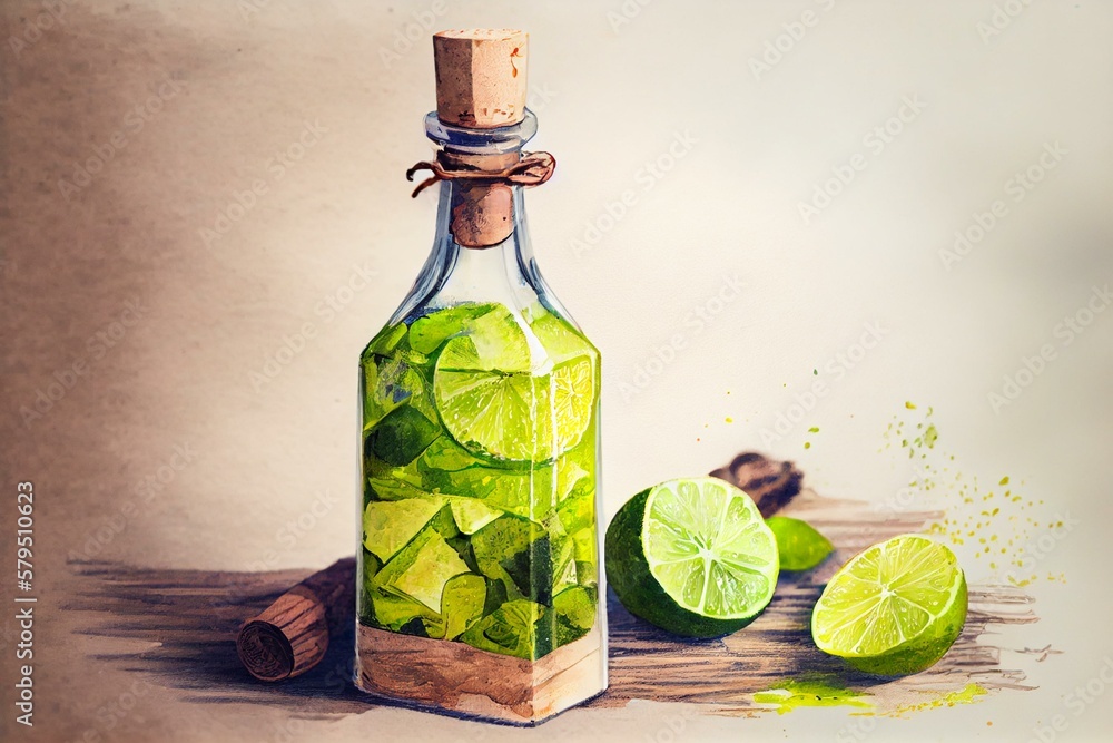 A bottle of mineral water with a lime wedge on top, watercolor style generative AI A bottle of mineral water with a lime wedge on top, watercolor style generative AI