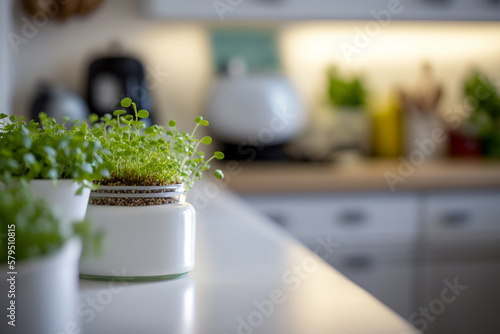 Microgreens growing at the kitchen. Generative AI