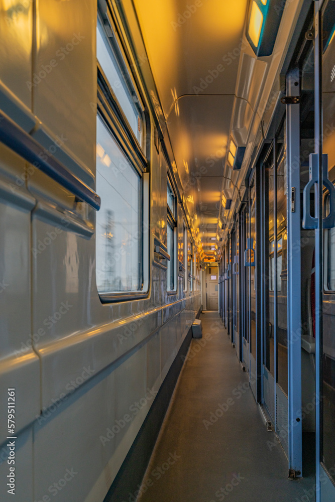 Corridor in fast train on new railway line from Prague to Tabor Corridor in fast train on new railway line from Prague to Tabor