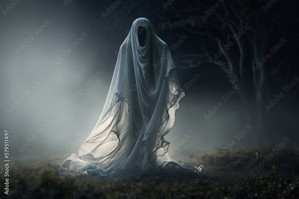 A scary halloween ghost spirit. backlit on a dark night. Generative ai A scary halloween ghost spirit. backlit on a dark night. Generative ai