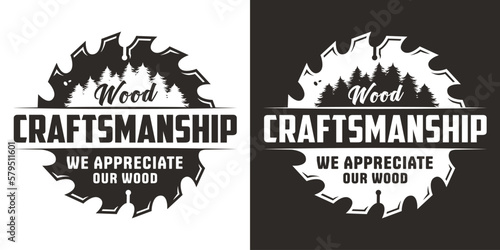 Wood saw for slice of tree or timber for logo and design of workshop or sawmill. Blade or circular saw with forest for sawing of woodmaster or carpenter.