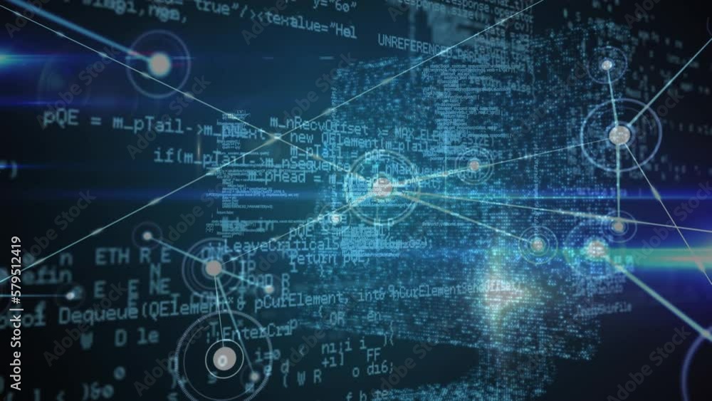 Animation of network of connections, data processing and blue light spot over 3d computer model Animation of network of connections, data processing and blue light spot over 3d computer model