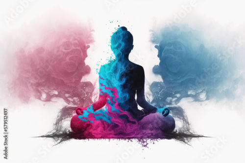 Meditation and mindfullnes lifestyle concept art, spiritual awerness, mental soul health, self care, healthy habit, pink and blue generative ai