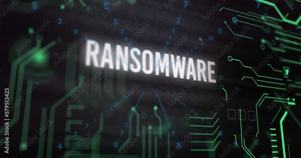 Animation of x mark on ransomware text over circuit board pattern and changing numbers in background Animation of x mark on ransomware text over circuit board pattern and changing numbers in background