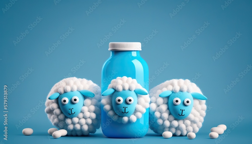 Obraz premium Funny illustration with sleeping pills and fluffy sheeps, insomnia treatment concept. Generative AI