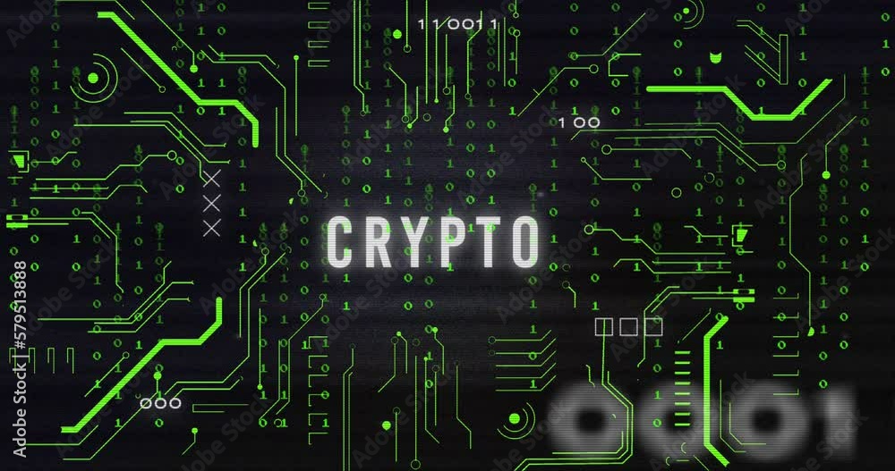 Animation of glitch technique over crypto text on circuit board pattern against falling binary codes