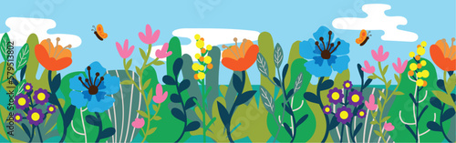 Spring flowers Hero image vector illustration. Floral scene wide banner.