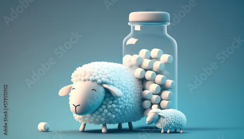Funny illustration with sleeping pills and fluffy sheeps, insomnia treatment concept. Generative AI