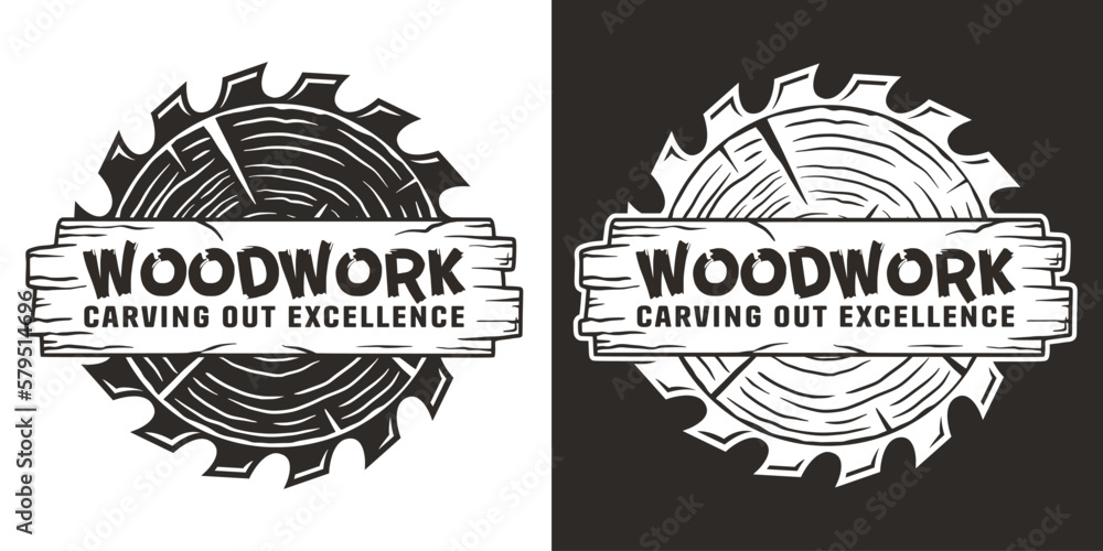 Wood carpentry logo. Saws for slice of tree. Wooden stump and saw - obrazy, fototapety, plakaty 