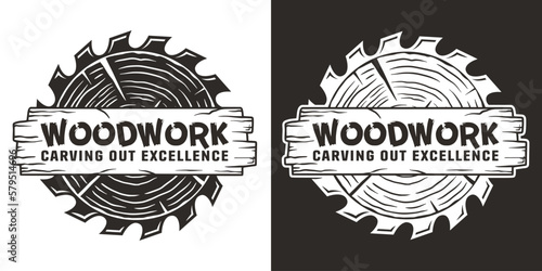 Wood carpentry logo. Saws for slice of tree. Wooden stump and saw