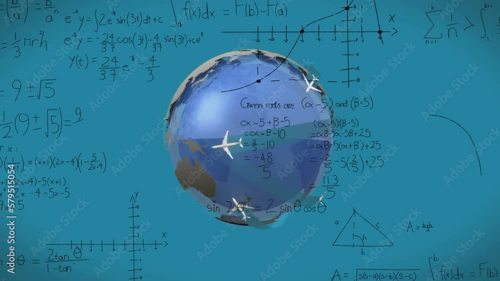 Animation of mathematical equations and diagrams over plane moving around globe on blue background