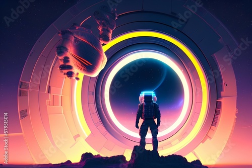 Futuristic space portal hero - 3D illustration of heroic military science fiction soldier silhouetted against giant alien structure in outer space - generative ai