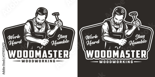 Bearded carpenter for logo of carpentry or wood carving. Woodworker with chisel in his hands for design of workshop or woodworking