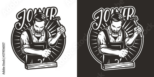 Bearded carpenter for logo of carpentry or wood carving. Woodworker with chisel in his hands for design of workshop or woodworking