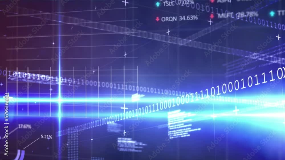 Animation of bianry coding and financial data processing over grid on dark background Animation of bianry coding and financial data processing over grid on dark background