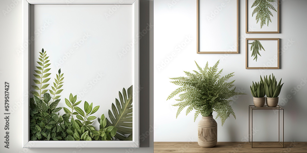 a wooden frame with a blank white painting in a room with plants not over the frame