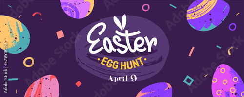 Creative Easter banner. Easter background with hand painted colorful eggs on dark backdrop, lettering and decorative design elements. Ideal for poster, greeting card, header. Vector illustration