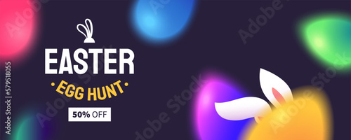 Easter egg hunt banner design. Creative Easter background with falling blurred colorful eggs in neon gradient colors. Minimal style. Ideal for event invite, header, poster. Vector illustration