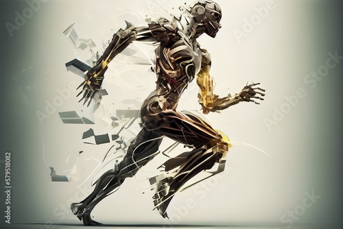 Robot running at high speed. Futuristic ilustrarion. AI Generated. photo