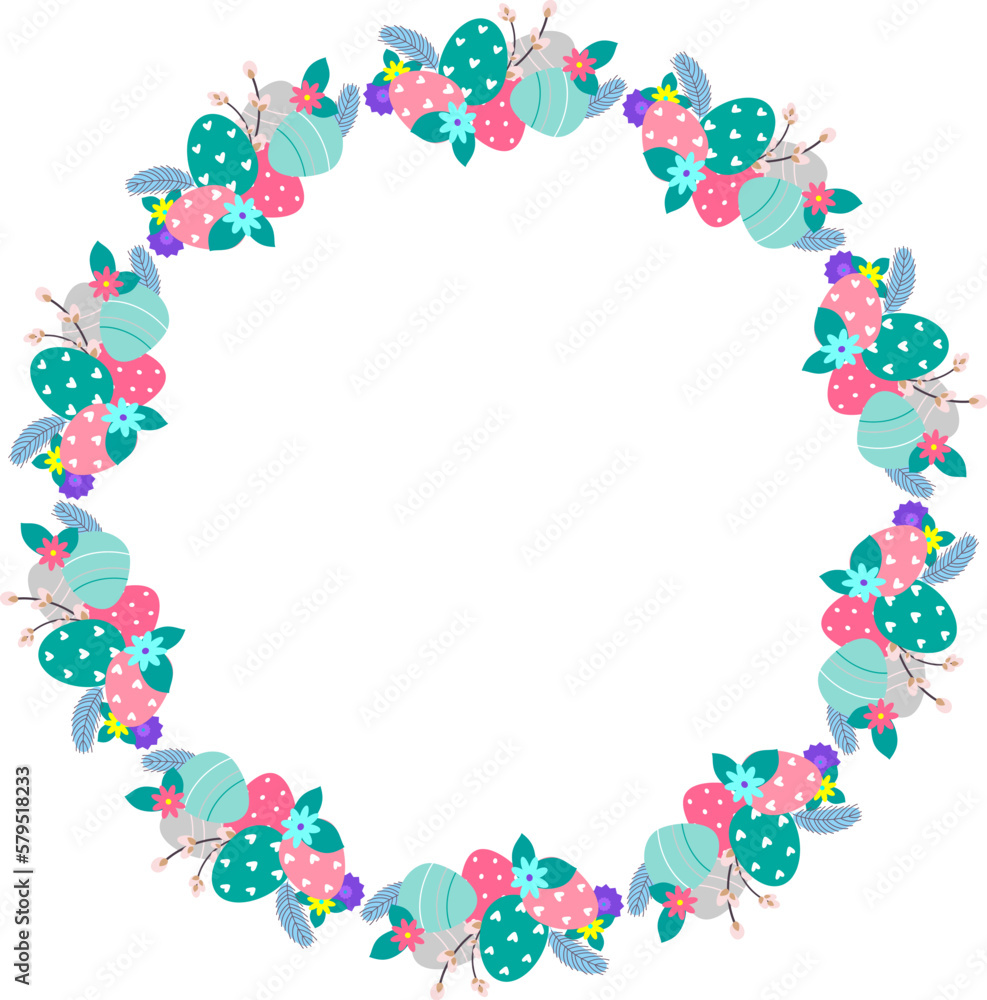 Easter flower wreath . Easter frame with decorated eggs and flowers and symbols of bright Easter Easter flower wreath . Easter frame with decorated eggs and flowers and symbols of bright Easter