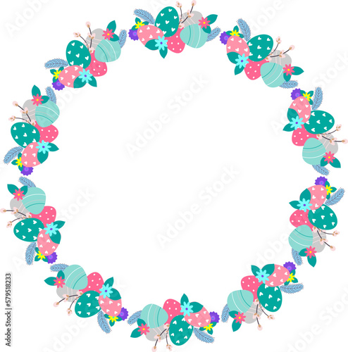 Fototapeta Naklejka Na Ścianę i Meble -  Easter flower wreath . Easter frame with decorated eggs and flowers and symbols of bright Easter