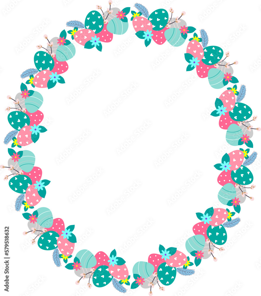 Easter flower wreath . Easter frame with decorated eggs and flowers and symbols of bright Easter Easter flower wreath . Easter frame with decorated eggs and flowers and symbols of bright Easter