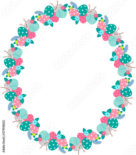 Easter flower wreath . Easter frame with decorated eggs and flowers and symbols of bright Easter