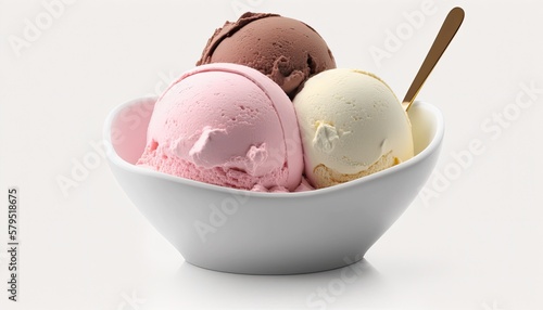 Neapolitan ice cream in a bowl with a spoon on White Background with copy space for your text created with generative AI technology photo