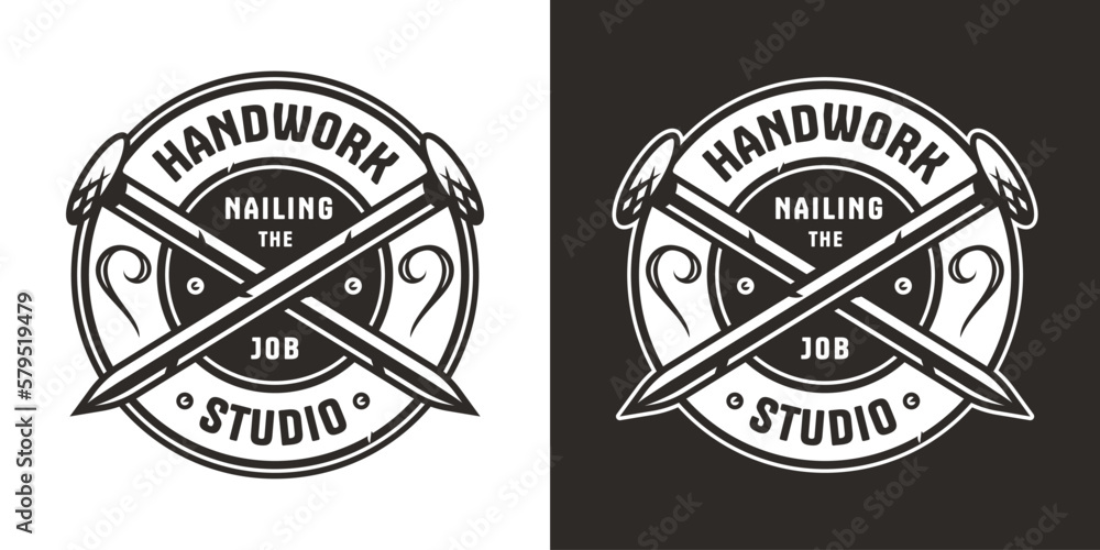 Metal nails for workshop and woodwork. Emblem or logo for joiner, handyman or handmade