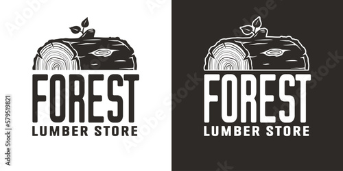 Logo of lumber for wood carving studio or wooden stump and log for lumberjack. Carpentry or woodwork design