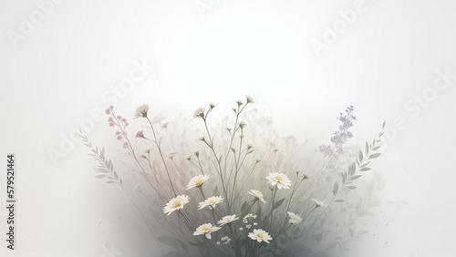abstract blooming white flowers and white background with some gray leaves shapes in fog  abstract digital art illustration  generative AI