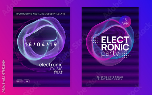 Neon music flyer. Electro dance dj. Electronic sound fest. Techno trance party. Club event poster.