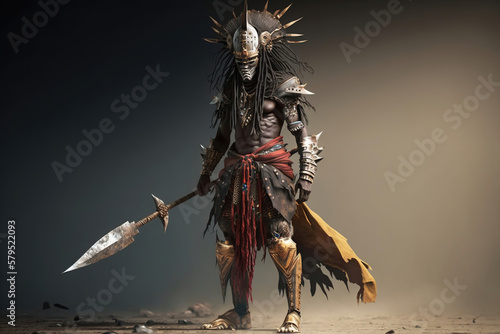 African warrior with spear and mask, illustration generative AI