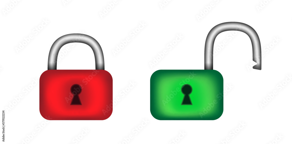 Red, green open, closed lock set. 3d padlock icon to use in design projects for IT, password protection, cyberspace, internet security, privacy, webdesign. Red, green open, closed lock set. 3d padlock icon to use in design projects for IT, password protection, cyberspace, internet security, privacy, webdesign.