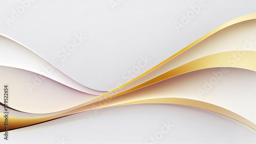 A modern abstract gold graphic design with curved lines and shapes against a white background.